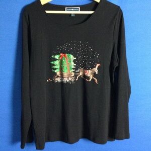 Karen Scott XL Black Cotton Blend Long Sleeve Christmas Shirt Sparkles Ribbon